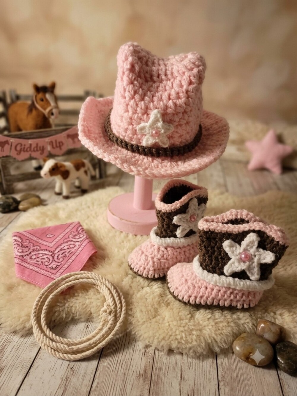 Handmade Crochet Baby Pink Cowgirl Hat and Booties Set 0-3 Months
